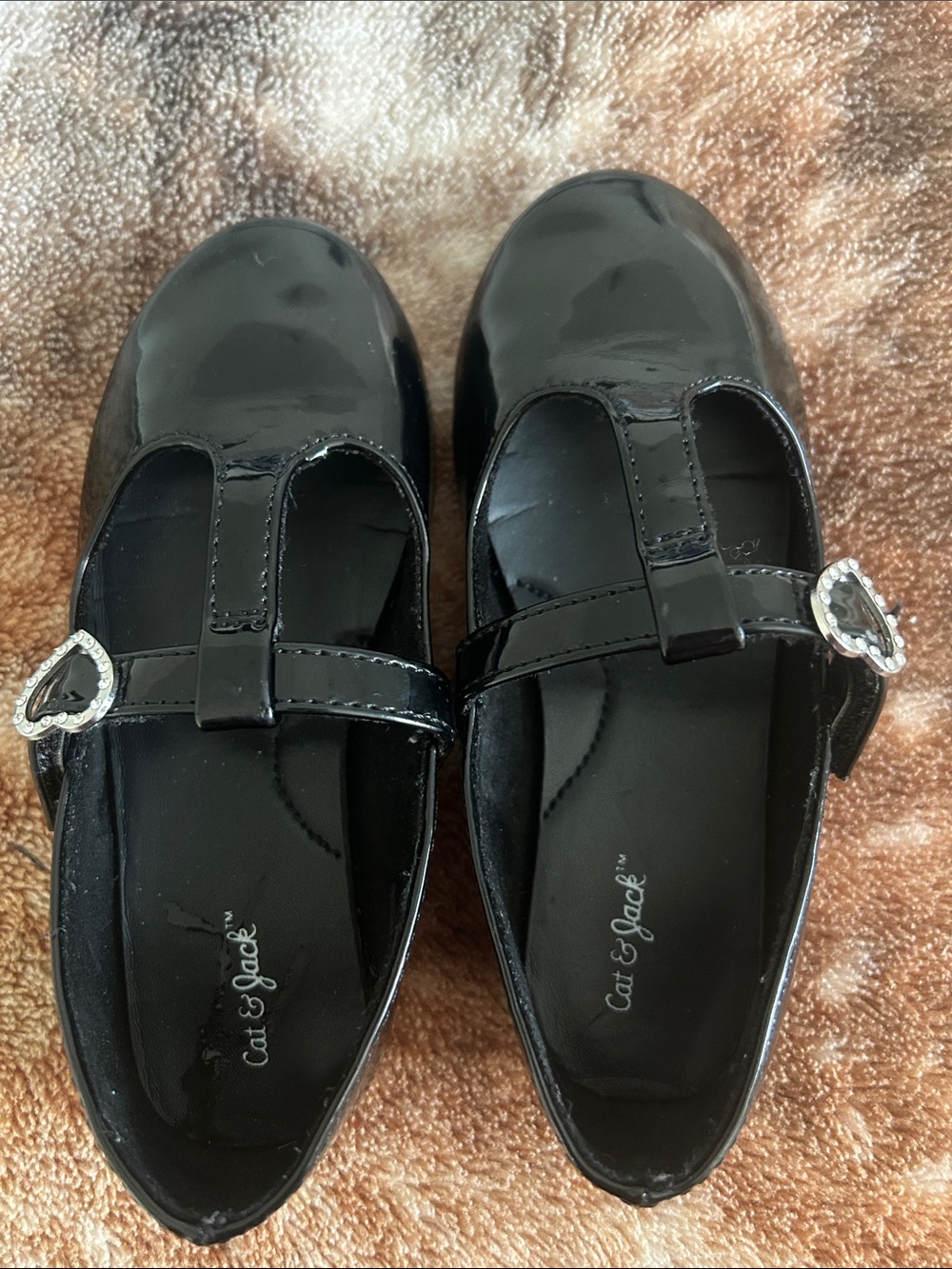 Cat & Jack Black Patent Savannah T-Strap Flats with Heart Buckle